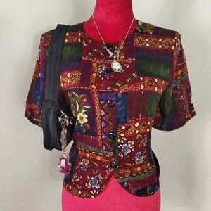 Vintage 80s Buttoned Patchwork Orange, Burgundy, And Green Patterned Blouse S